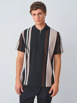 Next Vertical Stripe Quarter Zip Polo Shirt Black/Brown Best