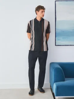 Next Vertical Stripe Quarter Zip Polo Shirt Black/Brown Best