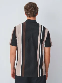 Next Vertical Stripe Quarter Zip Polo Shirt Black/Brown Best