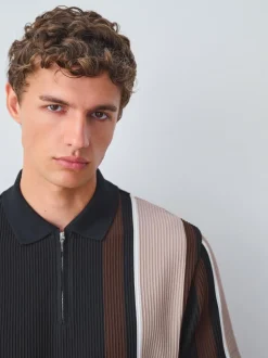 Next Vertical Stripe Quarter Zip Polo Shirt Black/Brown Best