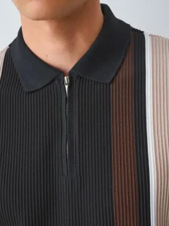 Next Vertical Stripe Quarter Zip Polo Shirt Black/Brown Best