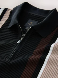 Next Vertical Stripe Quarter Zip Polo Shirt Black/Brown Best