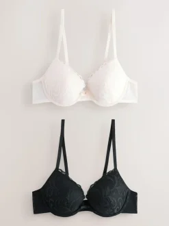 Next Black/Cream Pad Plunge Embroidered Bras 2 Pack Outlet