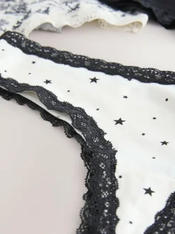 Next Black/Cream Thong Cotton Lace Knickers 4 Pack Clearance