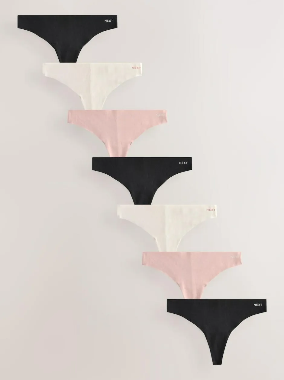 Next Black/Cream/Pink Thong Cotton Blend No VPL Knickers 7 Pack