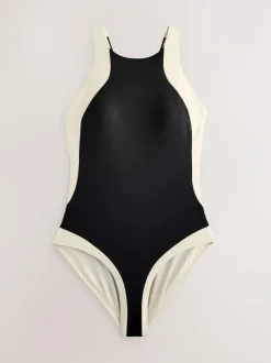 Next High Neck Halterneck Tummy Control Swimsuit Black/Ecru