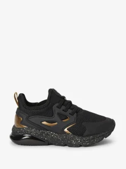 Next Standard Fit (F) Elastic Lace Trainers Black/Gold Sale