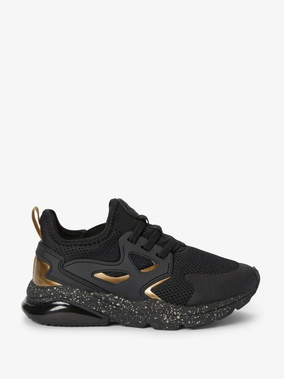 Next Standard Fit (F) Elastic Lace Trainers Black/Gold Sale