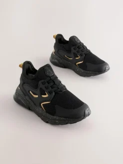 Next Standard Fit (F) Elastic Lace Trainers Black/Gold Sale