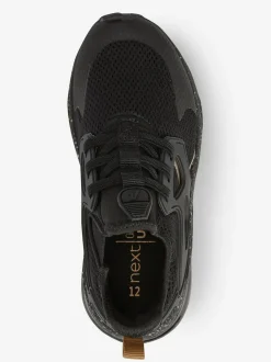 Next Standard Fit (F) Elastic Lace Trainers Black/Gold Sale