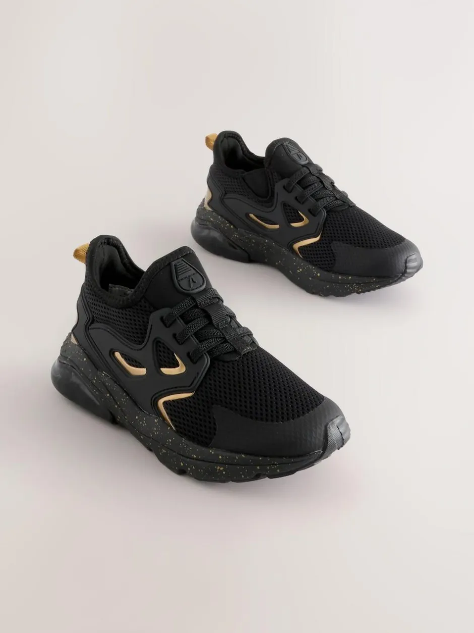Next Wide Fit (G) Elastic Lace Trainers Black/Gold New