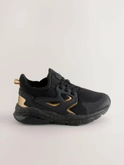 Next Wide Fit (G) Elastic Lace Trainers Black/Gold New