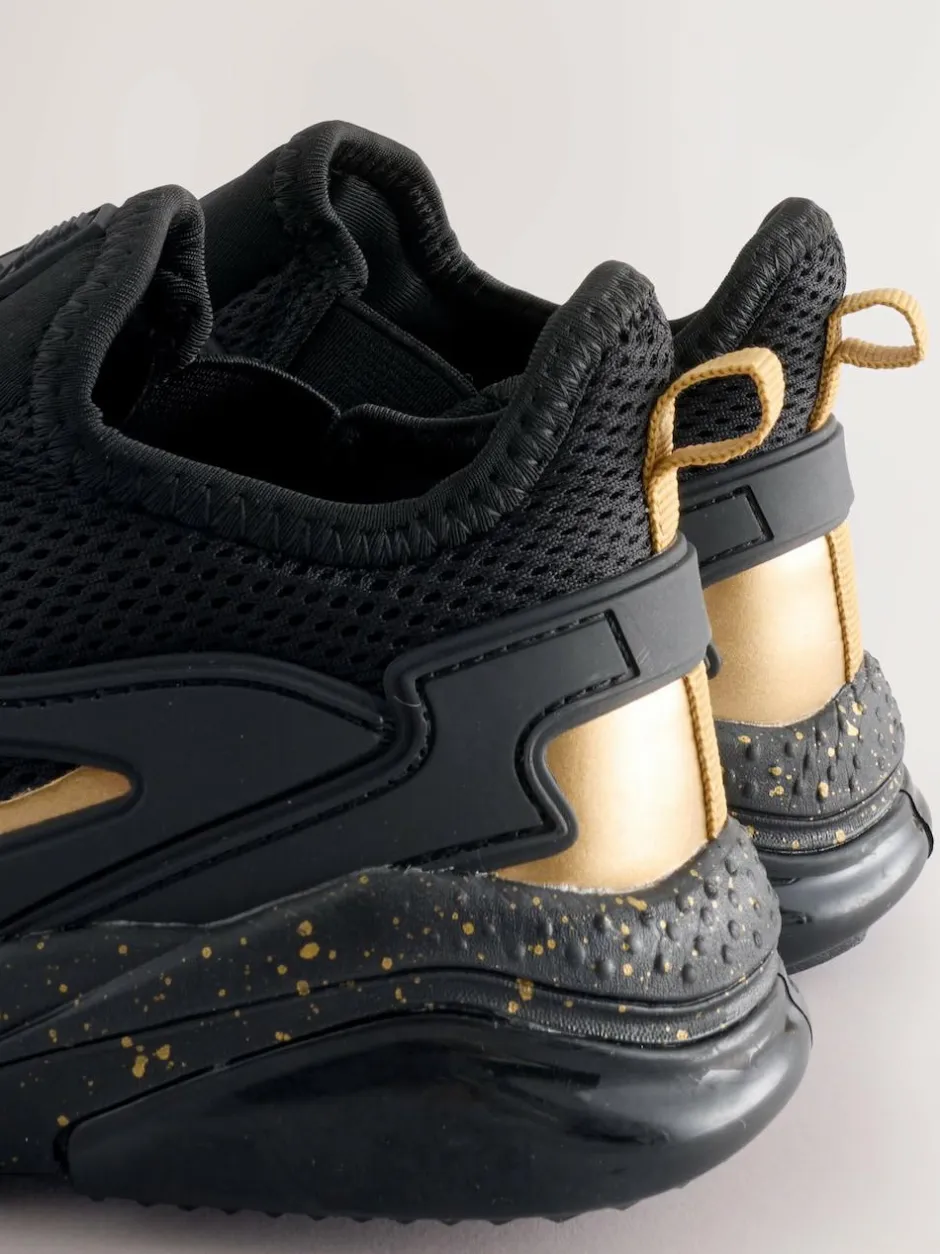Next Wide Fit (G) Elastic Lace Trainers Black/Gold New