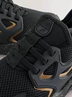 Next Wide Fit (G) Elastic Lace Trainers Black/Gold New