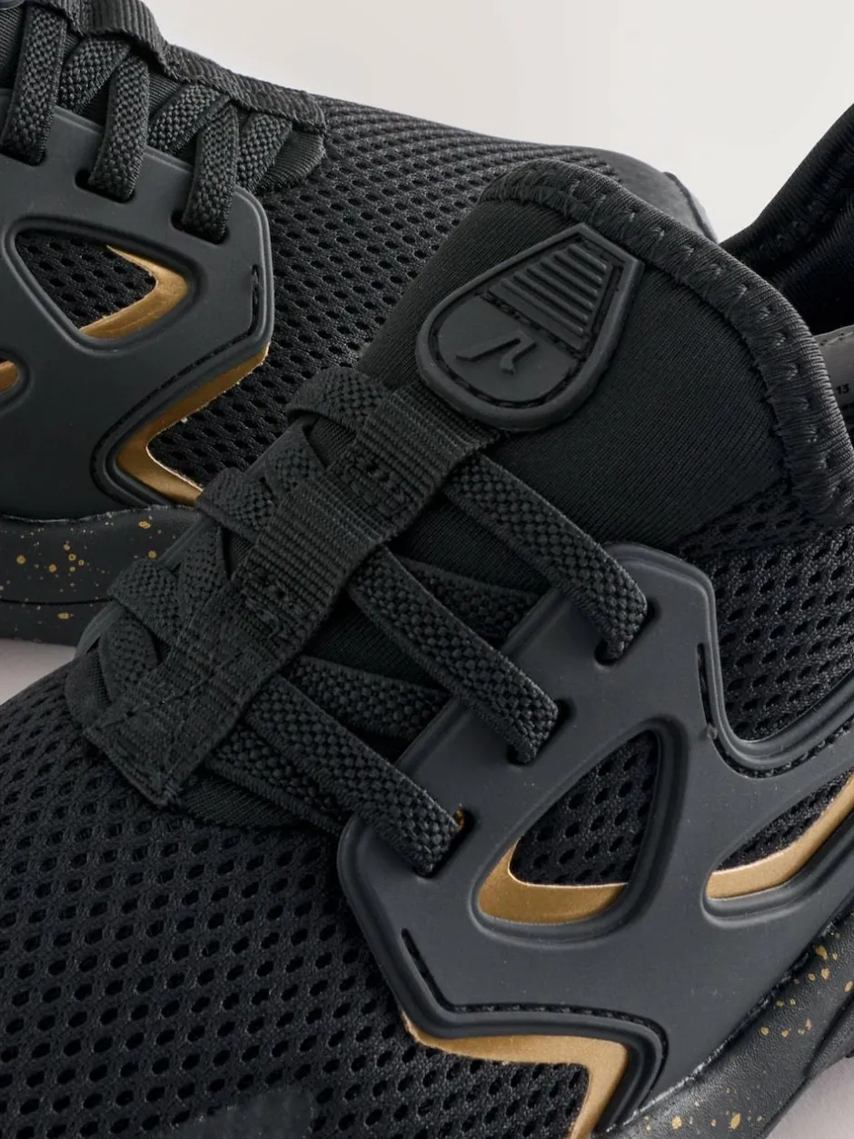 Next Wide Fit (G) Elastic Lace Trainers Black/Gold New