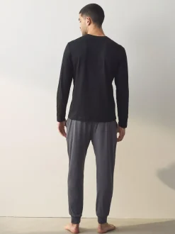 Next Black/Grey Long Sleeve Cuffed 100% Cotton Pyjamas Outlet