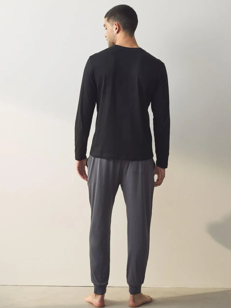 Next Black/Grey Long Sleeve Cuffed 100% Cotton Pyjamas Outlet
