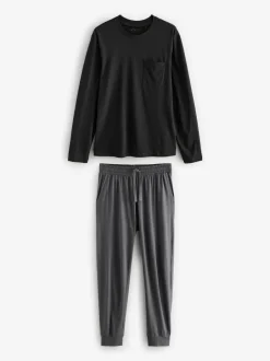 Next Black/Grey Long Sleeve Cuffed 100% Cotton Pyjamas Outlet