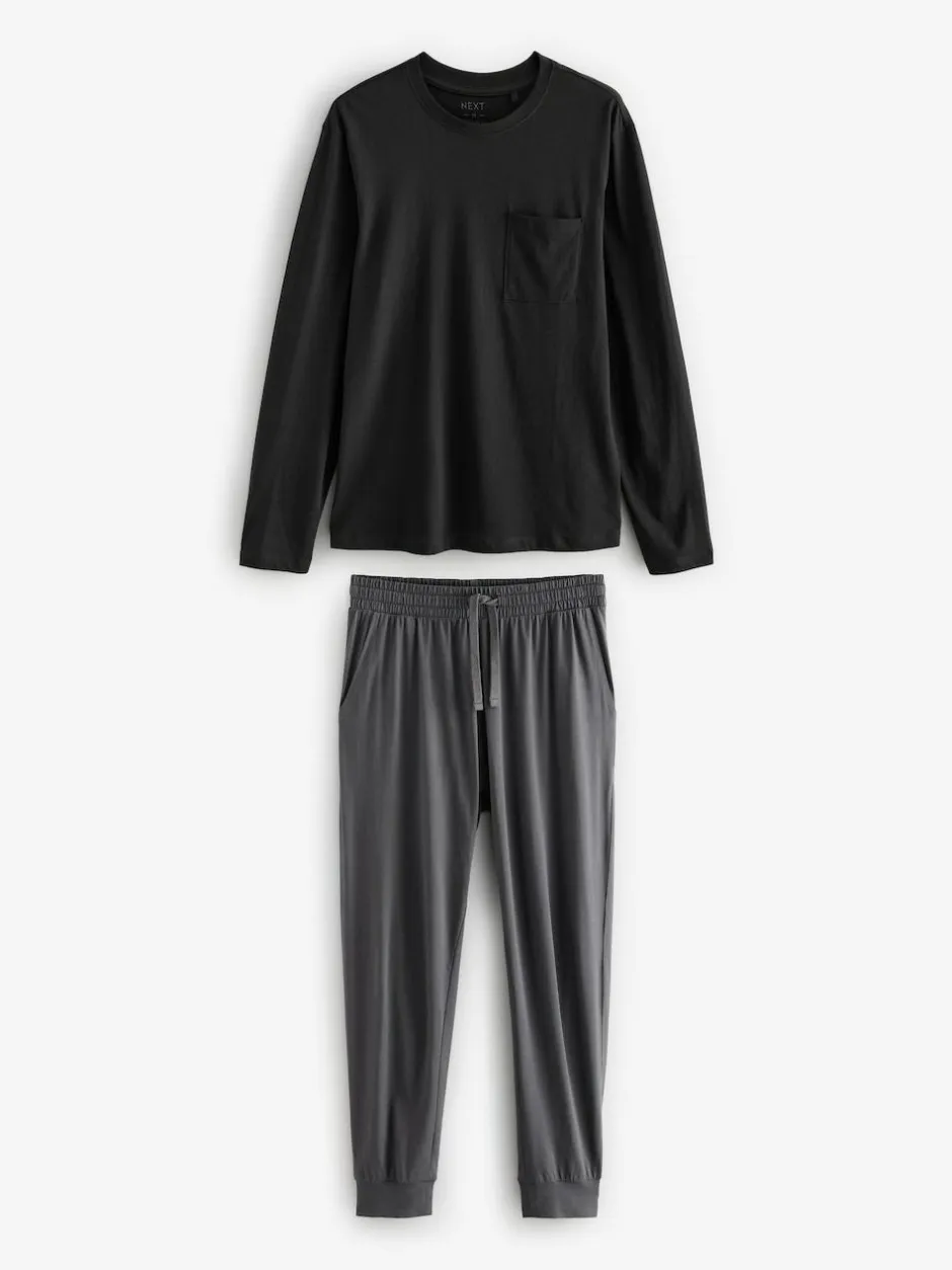 Next Black/Grey Long Sleeve Cuffed 100% Cotton Pyjamas Outlet