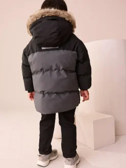 Next Waterproof Warm Padded Coat (12mths-10yrs) Black/Grey Clearance