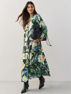 Next Long Sleeve Midi Shirt Dress Black/Multi Floral Best