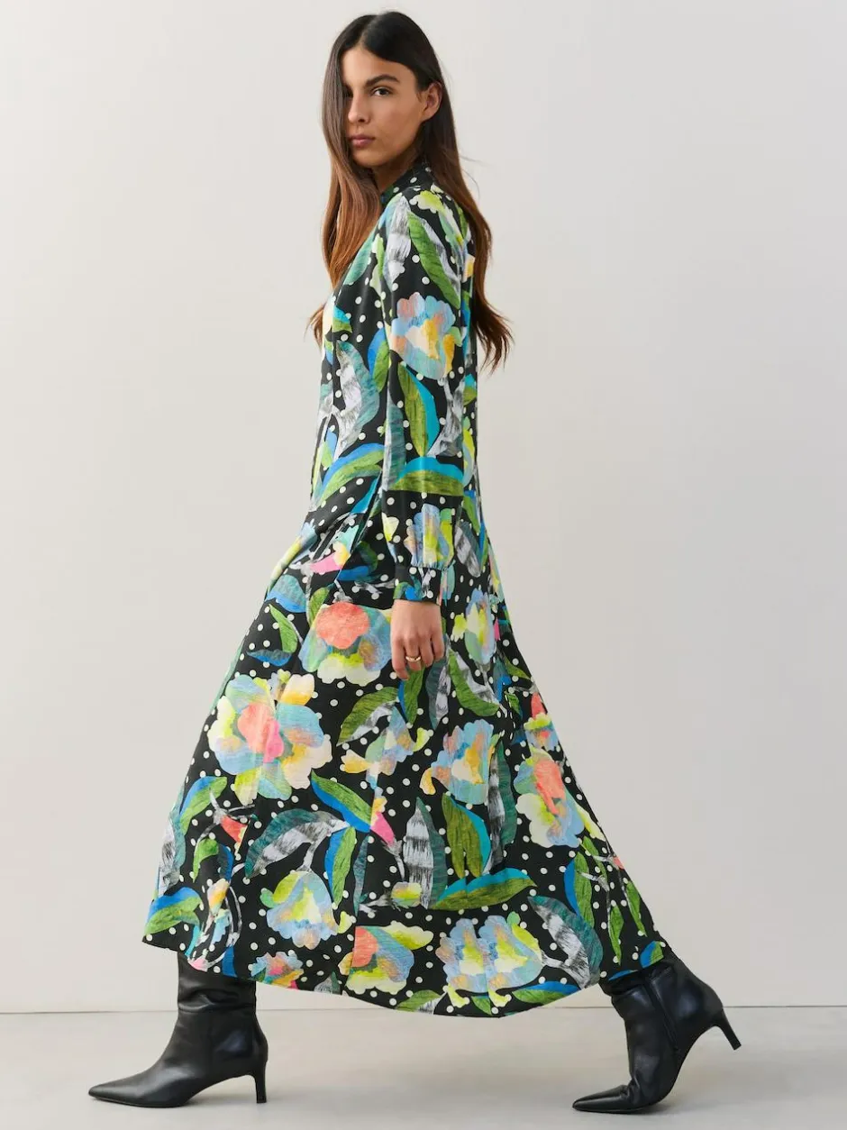 Next Long Sleeve Midi Shirt Dress Black/Multi Floral Best