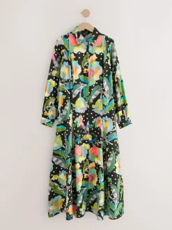 Next Long Sleeve Midi Shirt Dress Black/Multi Floral Best