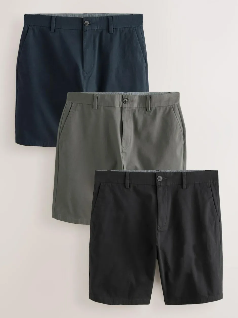 Next Black/Navy/Charcoal Straight Fit Stretch Chinos Shorts 3 Pack Outlet