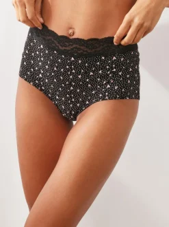 Next Black/Pink Heart Print Full Brief Cotton Lace Knickers 4 Pack New