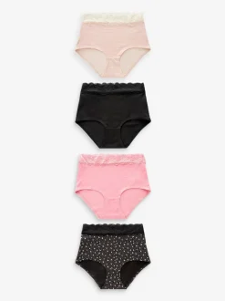 Next Black/Pink Heart Print Full Brief Cotton Lace Knickers 4 Pack New