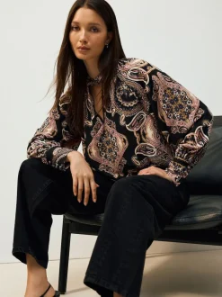 Next Long Sleeve Twist Neck Jersey Blouse Black/Pink Paisley New