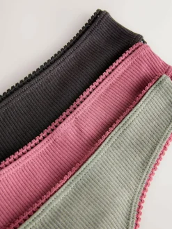 Next Thong Cotton Rib Knickers 3 Pack Black/Rose/Olive Outlet