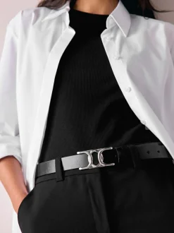 Next Regular Statement Buckle Leather Belt Black/Silver Tone Clearance