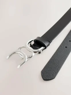 Next Regular Statement Buckle Leather Belt Black/Silver Tone Clearance