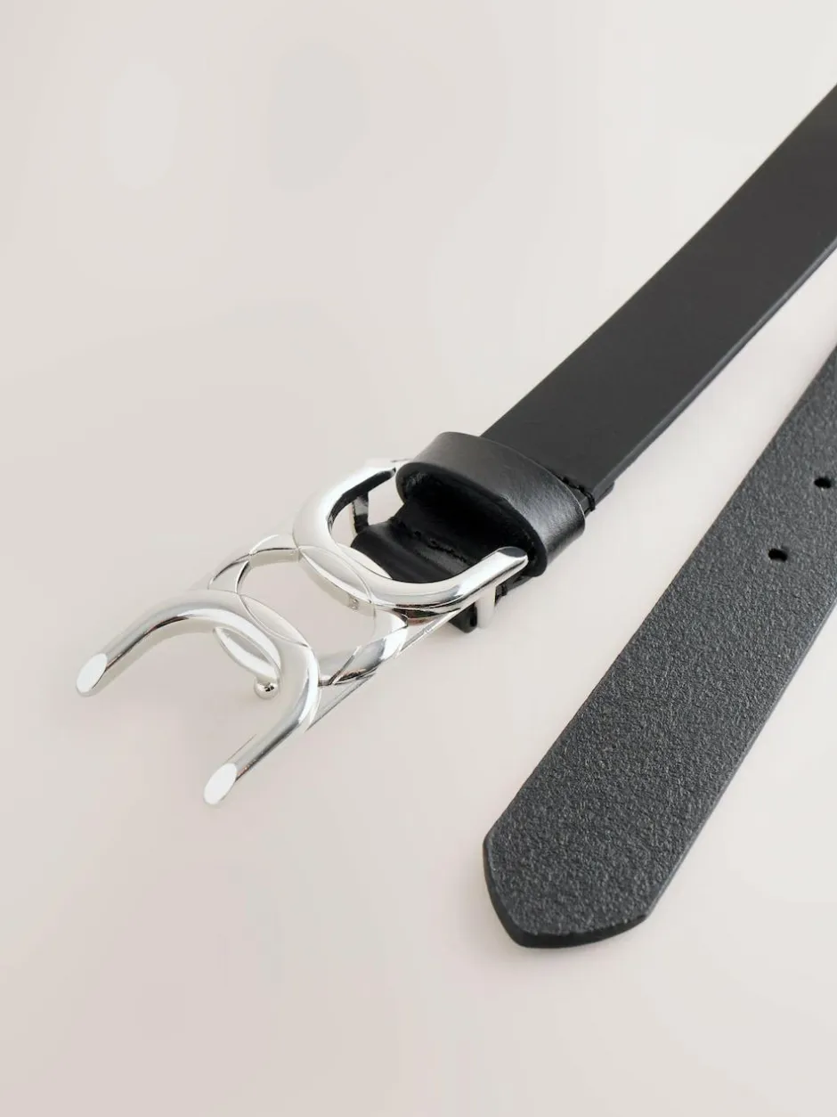 Next Regular Statement Buckle Leather Belt Black/Silver Tone Clearance