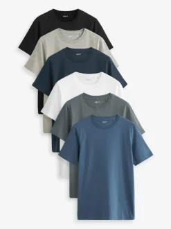 Next Black/Slate/Grey Marl/White/Navy/Blue Slim Fit Essential Cotton T-Shirts 6 Pack Sale