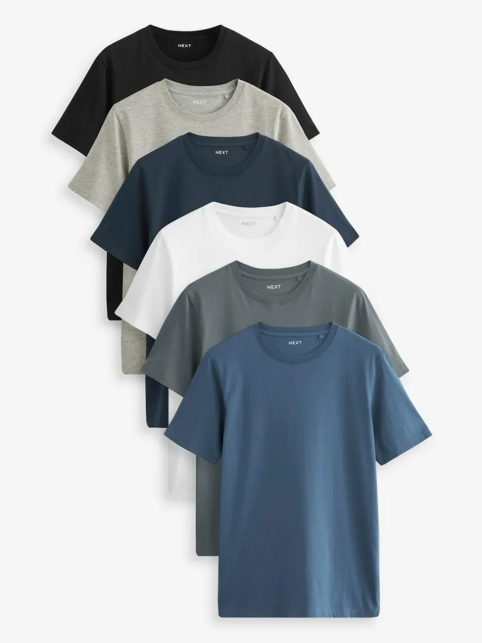 Next Black/Slate/Grey Marl/White/Navy/Blue Slim Fit Essential Cotton T-Shirts 6 Pack Sale