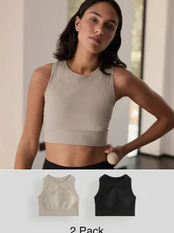 Next Black/Stone Seamless High Neck Medium Impact Sports Bras 2 Pack New