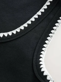 Next Contrast Knit Trim Scoop Neck Sleeveless Tank Vest Top Black/White Best