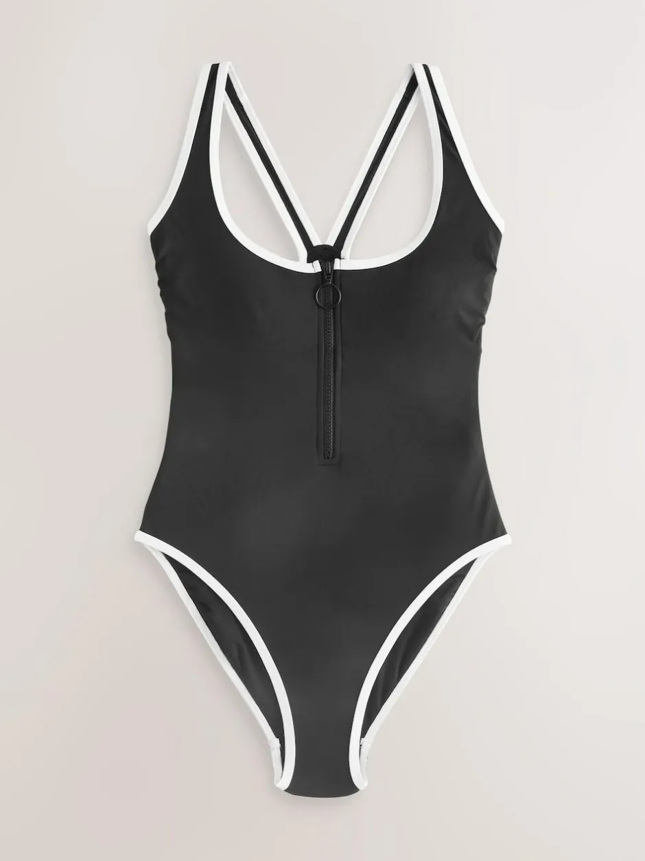 Next Zipped Shaping Tummy Control Swimsuit Black/White Contrast Discount