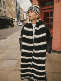 Next Knitted Wool Blend Striped Scarf Black/White New