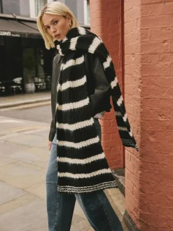 Next Knitted Wool Blend Striped Scarf Black/White New