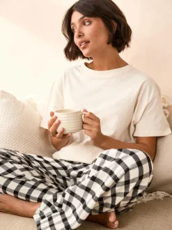 Next Black/White Short Sleeve 100% Cotton Pyjamas 2 Pack