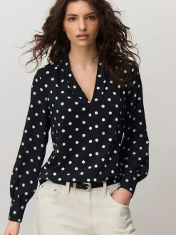Next Long Sleeve V-Neck Blouse Black/White Spot Outlet