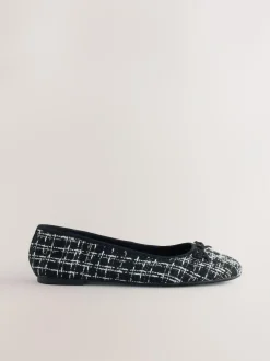 Next Black/White Tweed Standard/Wide Fit Round Toe Ballerina Shoes