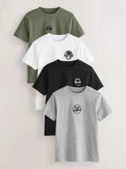 Next 4 Pack Short Sleeve Small Graphic T-Shirts 4 Pack (3-16yrs) Black/White/Grey Marl/Khaki Online
