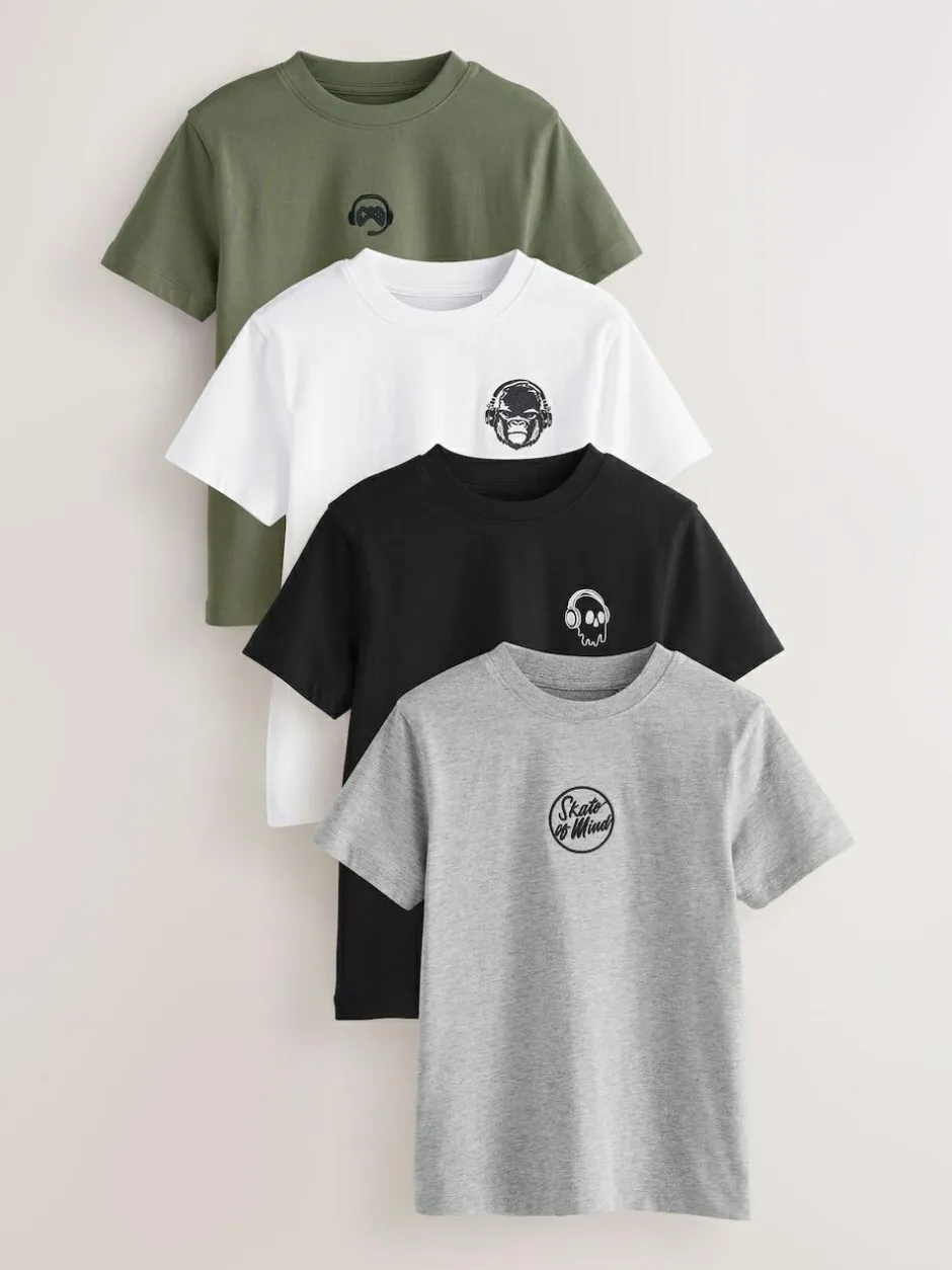 Next 4 Pack Short Sleeve Small Graphic T-Shirts 4 Pack (3-16yrs) Black/White/Grey Marl/Khaki Online