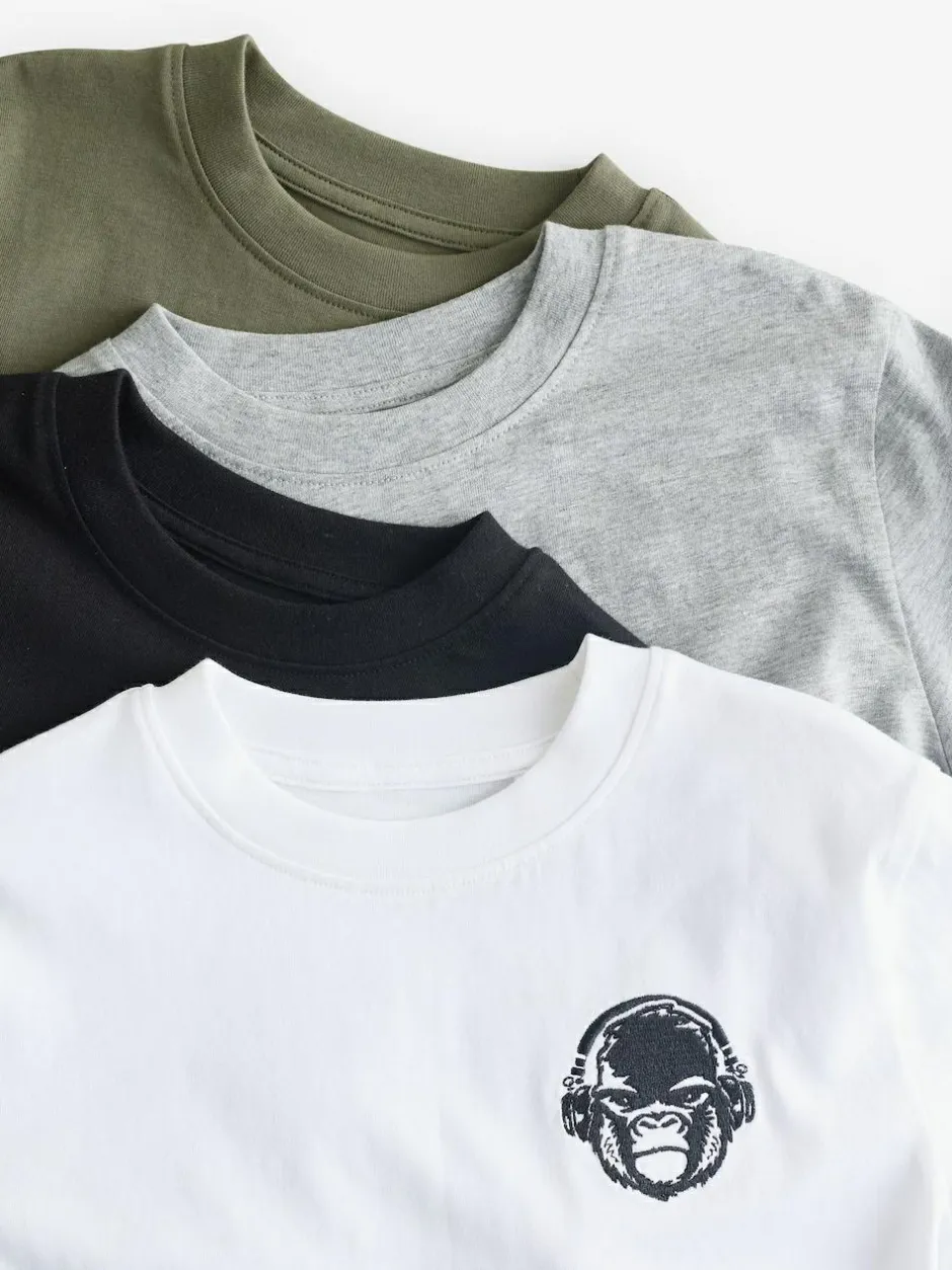 Next 4 Pack Short Sleeve Small Graphic T-Shirts 4 Pack (3-16yrs) Black/White/Grey Marl/Khaki Online