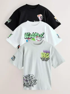 Next Black/White/Grey Relaxed Fit Graphic Print Short Sleeve T-Shirts 3 Pack (3-16yrs)