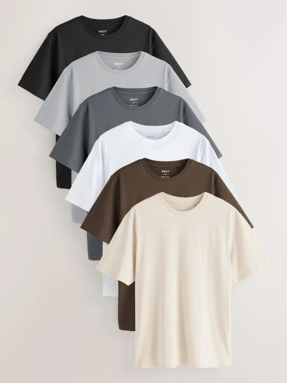 Next Black/White/Grey/Slate Grey/Stone/Brown Regular Fit Essential Cotton T-Shirts 6 Pack Clearance